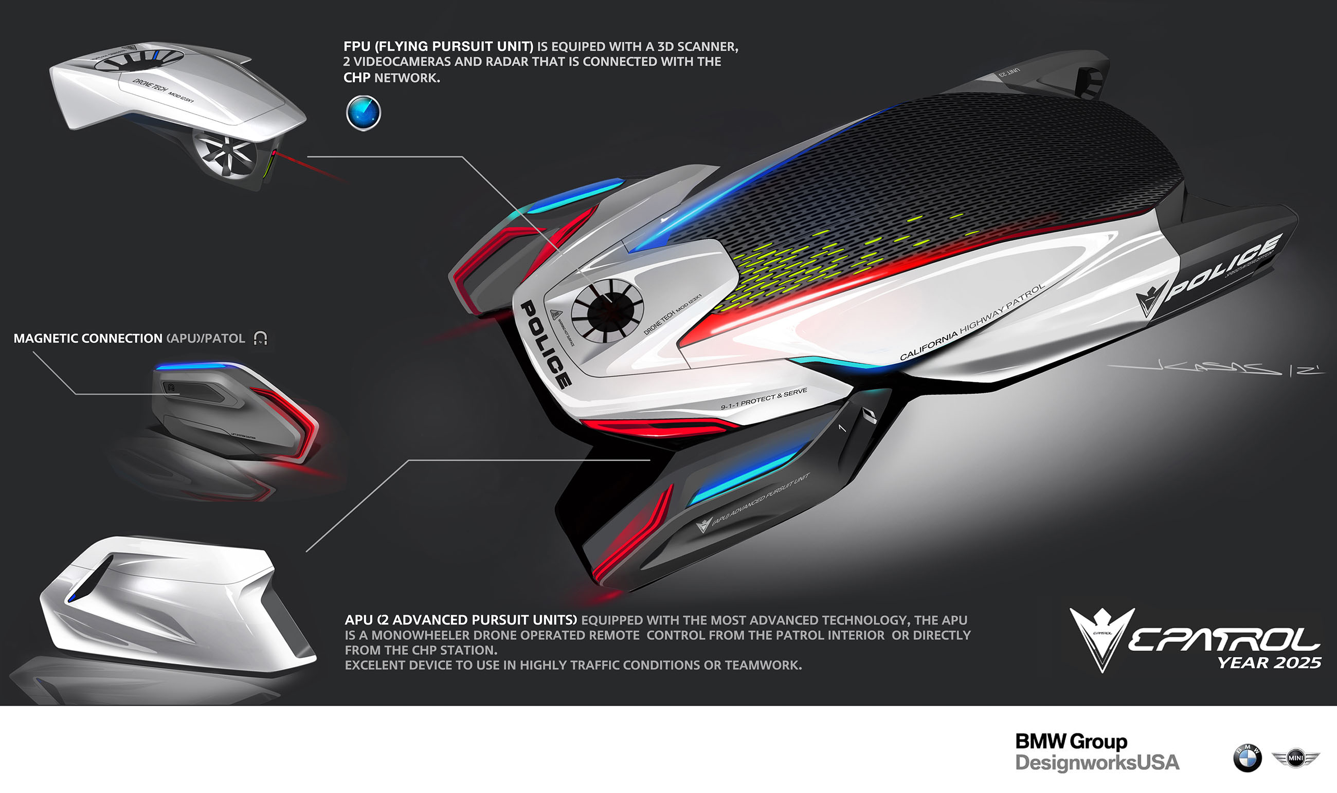 DesignworksUSA EPatrol Futuristic HumanDrone Pursuit Vehicle