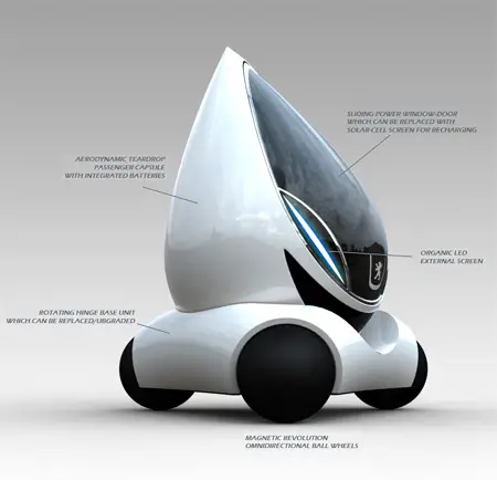 Passenger capsule is shaped in an aerodynamic teardrop shape for maximum