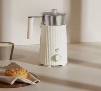 Alessi Plissé Milk Frother Features Iconic High-Fashion Pleated Layer on Stainless Steel Body