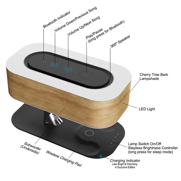 Ampulla Masdio Tree Table Lamp with Wireless Charger and Bluetooth Speaker