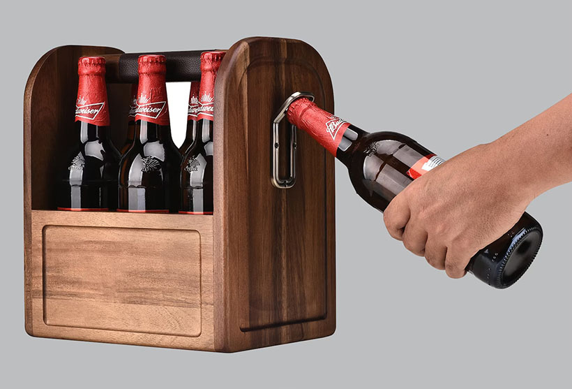 Boss Wooden Beer Caddy with Bottle Opener Holds Up To Six Beer Bottles
