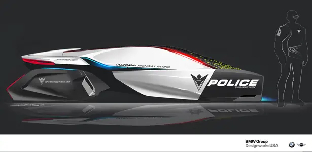 DesignworksUSA E-Patrol : Futuristic Human-Drone Pursuit Vehicle Concept