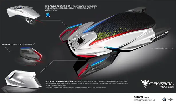 DesignworksUSA E-Patrol : Futuristic Human-Drone Pursuit Vehicle Concept