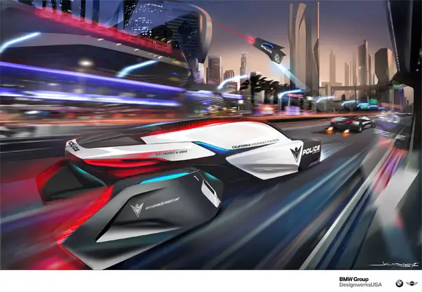 DesignworksUSA E-Patrol : Futuristic Human-Drone Pursuit Vehicle Concept