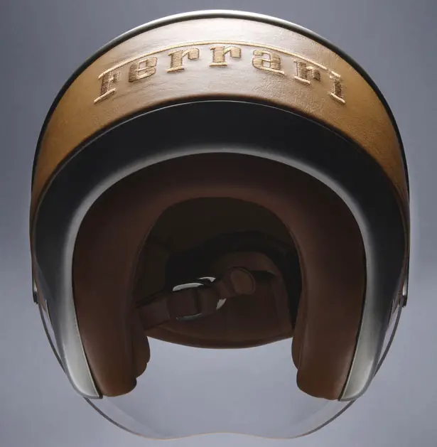 Ferrari Motorcycle Helmet  Features Genuine Leather Trim and Embossed Ferrari Logo