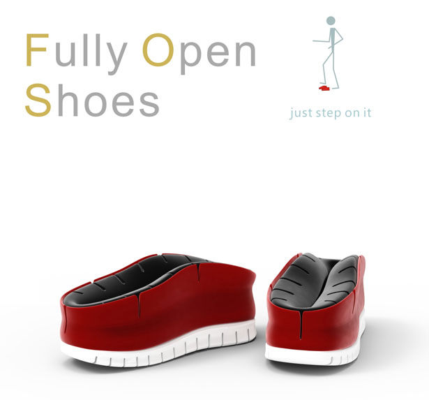 Fully Open Shoes : Put On Your Shoes Simply by Stepping On Them