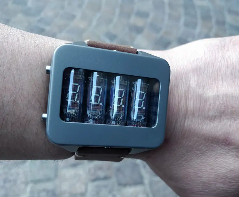 Futuristic Nixie Titanium Watch with Accelerometer