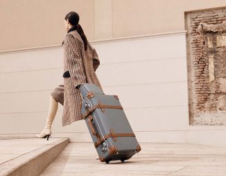 Stylish Globe Trotter Centenary Carry-On Luggage with Simple Grey Tone and Caramel Leather Straps