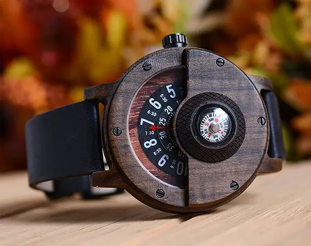 Cool Handmade Compass Wood Watch with Leather Strap