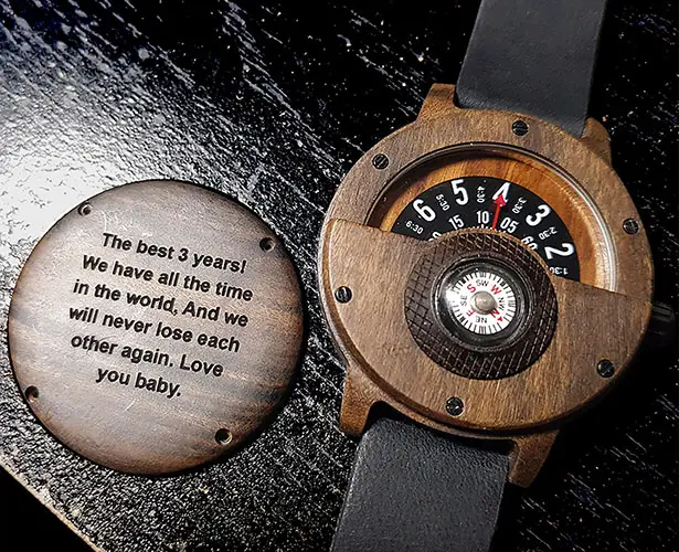 Cool Handmade Compass Wood Watch with Leather Strap