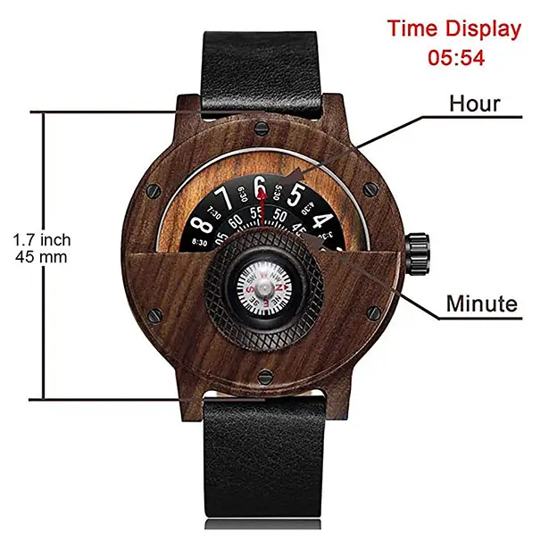 Cool Handmade Compass Wood Watch with Leather Strap