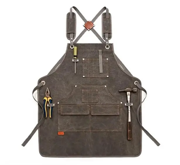 Heavy-Duty Waxed Canvas Apron Features Tool Pockets and Cross Back Straps