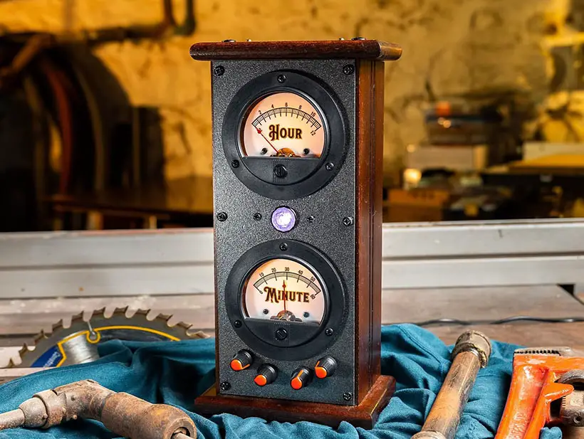 Vintage, Industrial Self-Setting Steel Panel Clock Features Gauges to Display Time