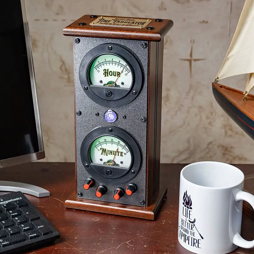 Vintage, Industrial Self-Setting Steel Panel Clock Features Gauges to Display Time