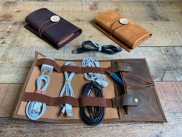 Vintage Style Leather Roll Cable Organizer