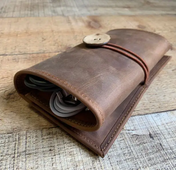 Vintage Style Leather Roll Cable Organizer