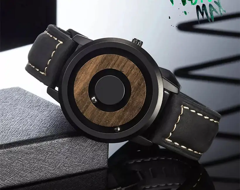 Minimalist Wood Watch with Rotating Magnetic Ball