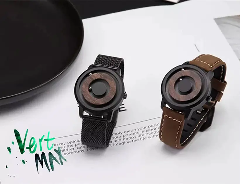 Minimalist Wood Watch with Rotating Magnetic Ball