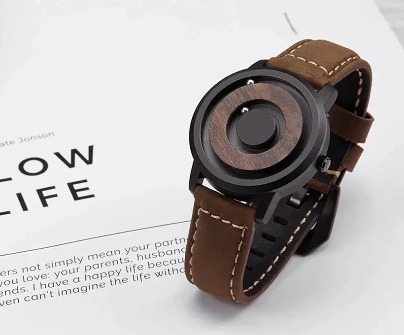 Minimalist Wood Watch with Rotating Magnetic Ball