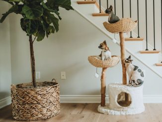 Modern Wooden Cat Tree Tower with Handwoven Rope Baskets