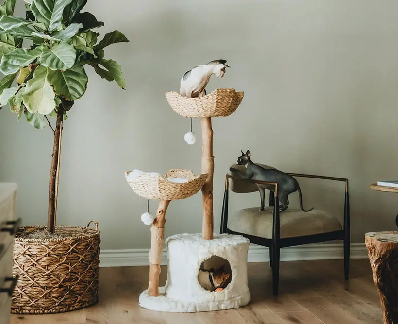 Modern Wooden Cat Tree Tower with Handwoven Rope Baskets