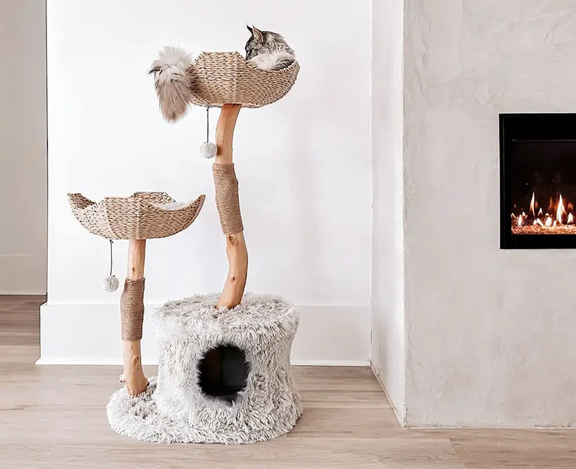 Modern Wooden Cat Tree Tower with Handwoven Rope Baskets