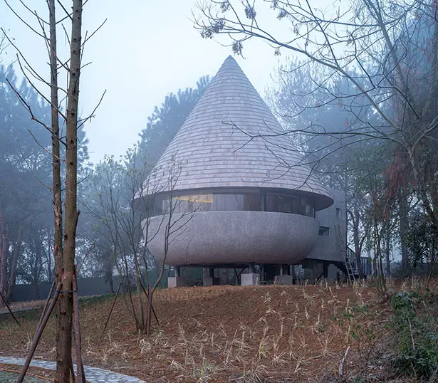Mushroom Wooden House In The Middle of Pine Forest by ZJJZ Architects