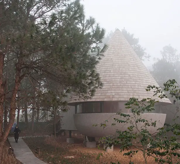 Mushroom Wooden House In The Middle of Pine Forest by ZJJZ Architects