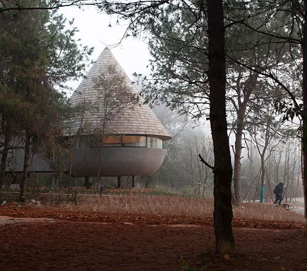 Mushroom Wooden House In The Middle of Pine Forest by ZJJZ Architects