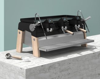 ORIGIN Espresso Machine for BIEPI Features Black Steel and Wood Legs