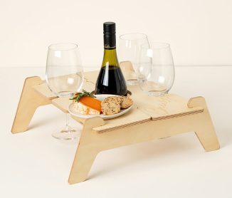 Packable Wine Toasting Picnic Table Holds a Wine Bottle and Four Stemmed Glasses Upright Safely