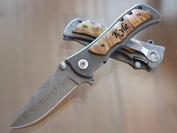 Practical Engraved, Wood Handle Pocket Knife with Titanium Coated Stainless Steel Blade