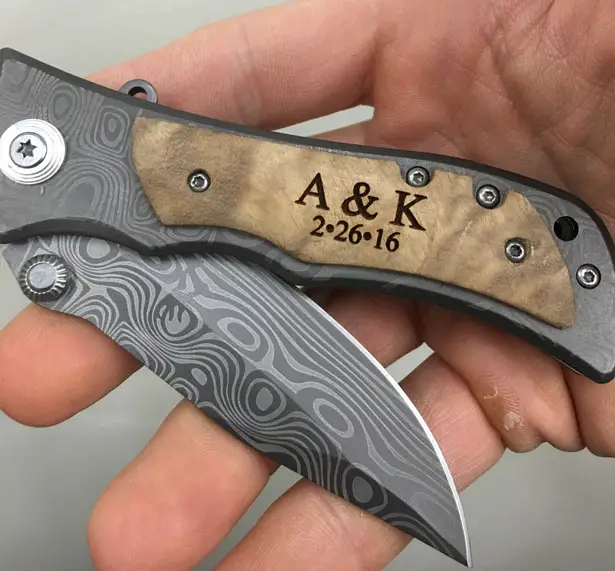 Practical Engraved, Wood Handle Pocket Knife with Titanium Coated Stainless Steel Blade