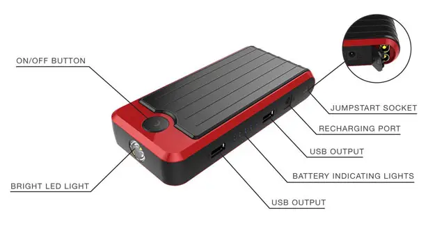 PowerAll PBJS12000R Rosso : LED Flash Light, Portable Power Bank, and Car Jump Starter