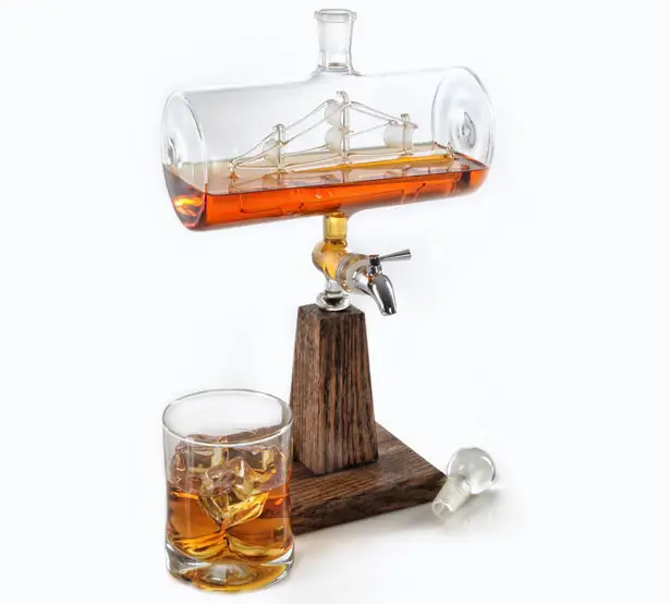 Prestige Decanters Constellation1797 Ship-in-Bottle Whiskey Decanter Features Stainless Steel Spigot and Oak Base