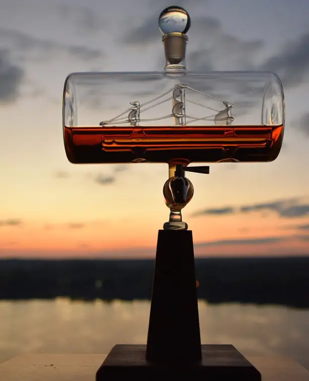 Prestige Decanters Constellation1797 Ship-in-Bottle Whiskey Decanter Features Stainless Steel Spigot and Oak Base