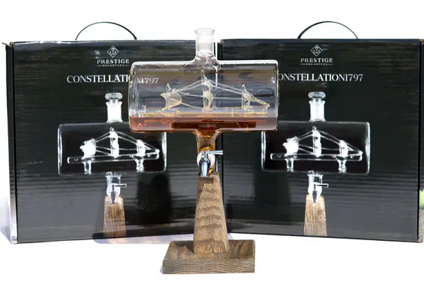 Prestige Decanters Constellation1797 Ship-in-Bottle Whiskey Decanter Features Stainless Steel Spigot and Oak Base