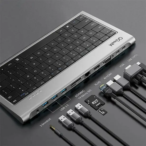 QGeeM Aluminum Alloy Keyboard with Built-In Docking Station Adapter
