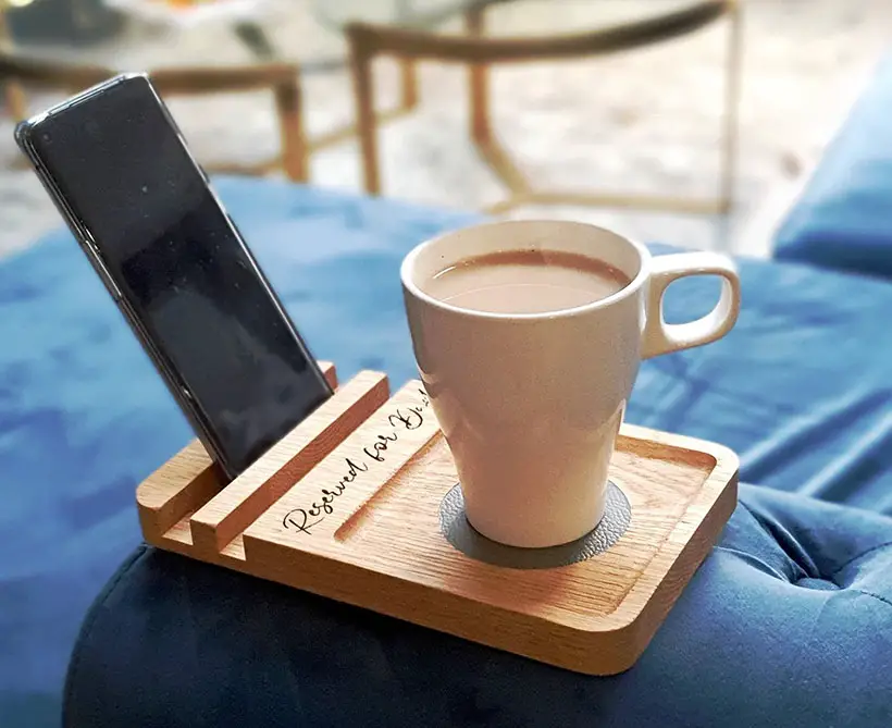 Sofa Coaster Tray and Phone Stand in Solid Oak