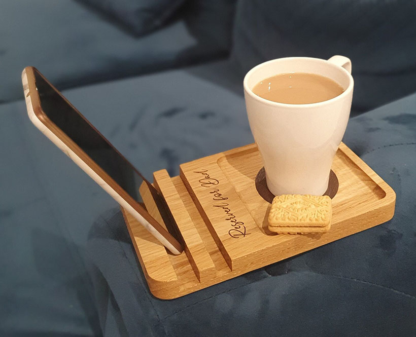 Sofa Coaster Tray and Phone Stand in Solid Oak
