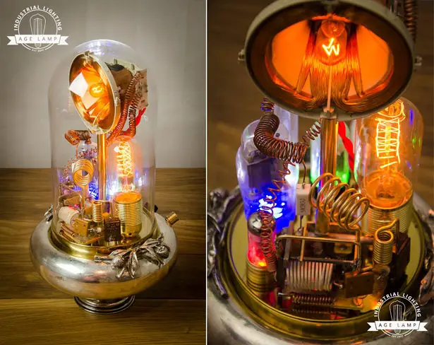 Steampunk Lamp Art Sculpture with Glass Dome Display by Age Lamp