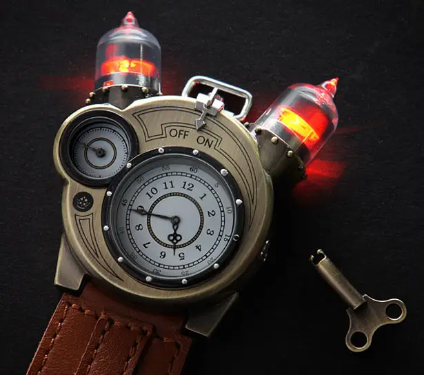 Cool Tesla Steampunk Styled Watch Features Two Faux Vacuum Tubes with Red LEDs