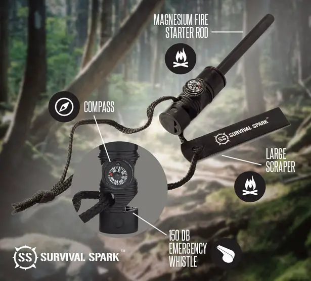 Survival Spark Magnesium Survival Fire Starter with Compass and Whistle
