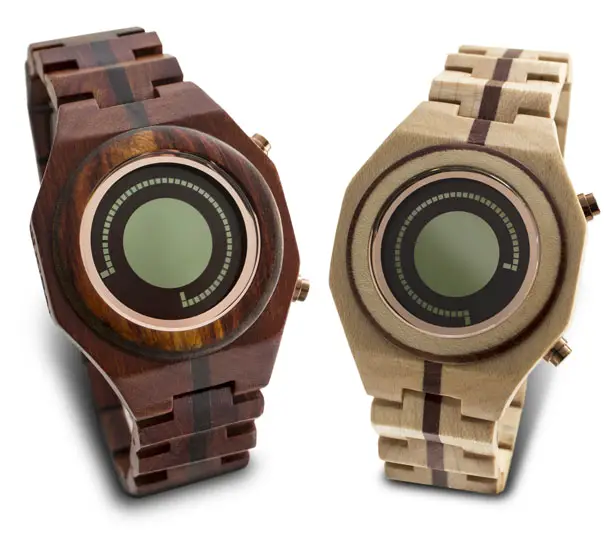 Tokyoflash Kisai Maru Wood LCD Watch Displays Time In One Simple Curved Line