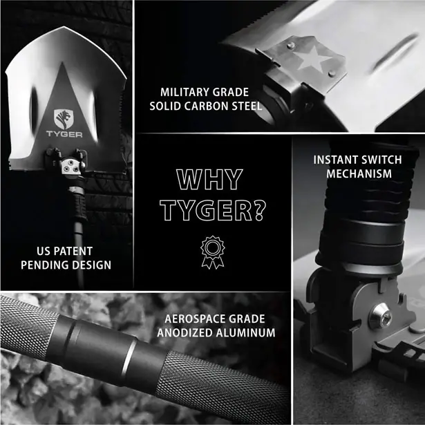 Tyger Shovel Military Heavyduty Folding Compact 16-in-1 Multitool